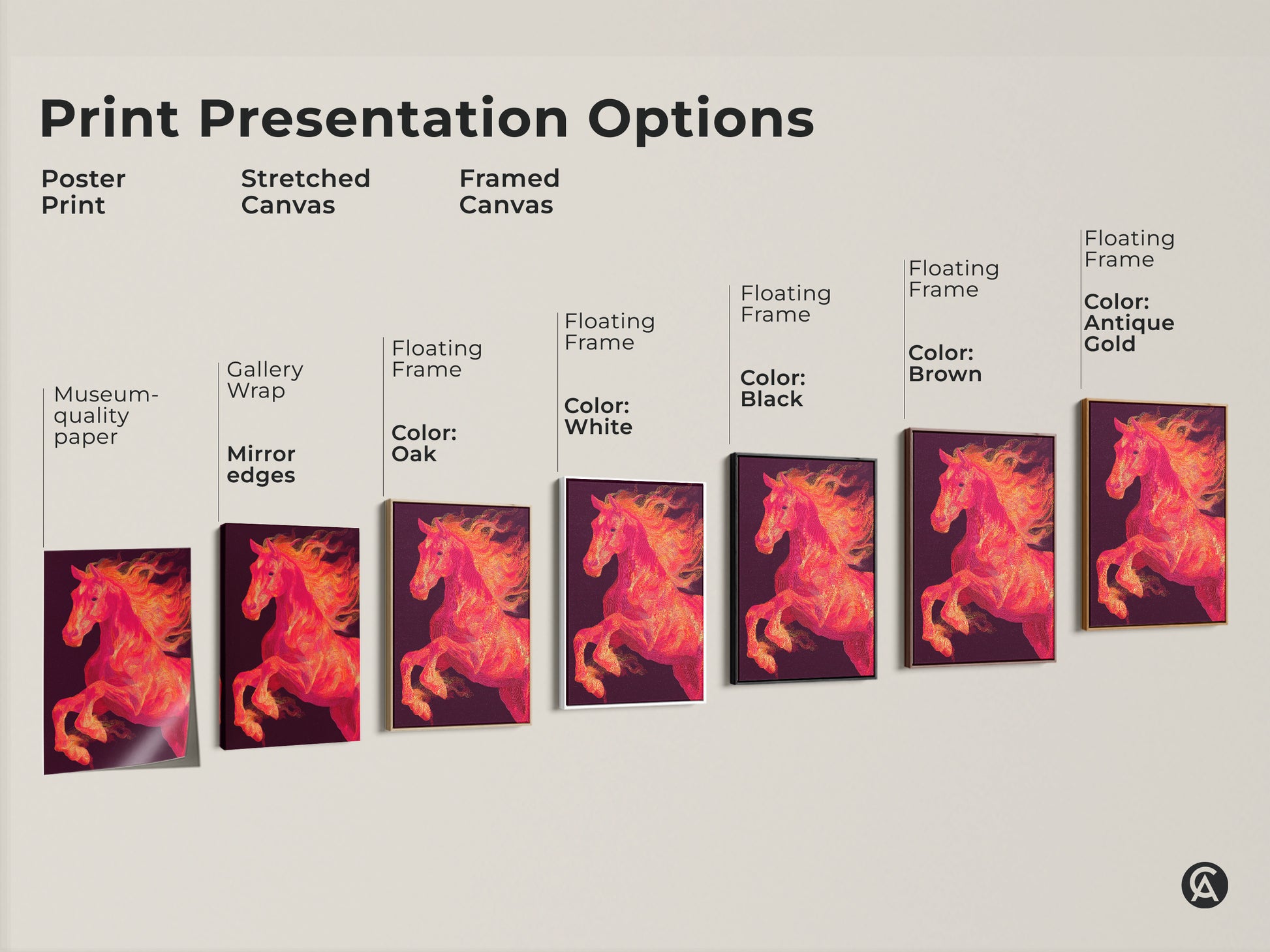 Print presentation options for fiery horse artwork. Choose from poster prints stretched canvas or framed canvas. Select a floating frame in various colors. Find museum-quality paper and gallery wrapped edges.