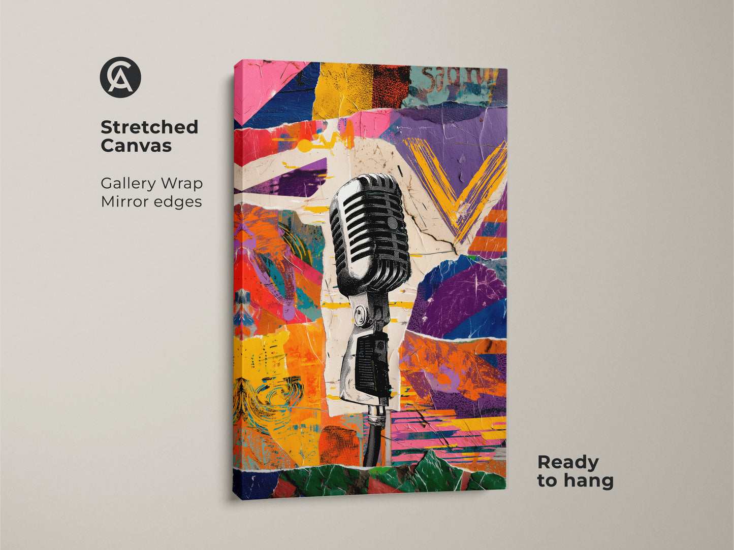 Stretched Canvas of Retro Microphone Collage. The gallery wrap has mirror edges. The abstract music collage print features an eclectic studio decor. The urban vintage mic art is ready to hang.