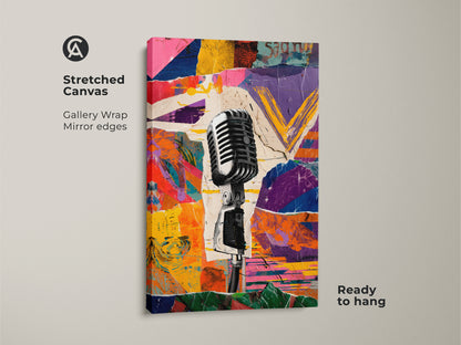Stretched Canvas of Retro Microphone Collage. The gallery wrap has mirror edges. The abstract music collage print features an eclectic studio decor. The urban vintage mic art is ready to hang.