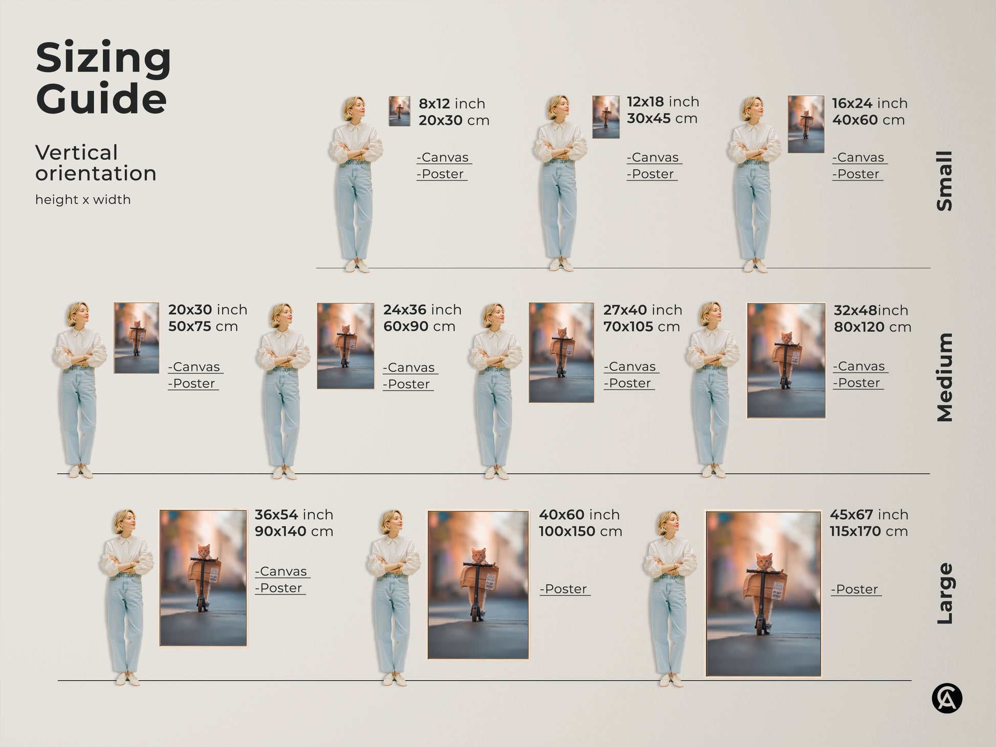 A sizing guide for the cat artwork. Available in small medium and large sizes. Choose the perfect size for your space. Available as canvas or poster.
