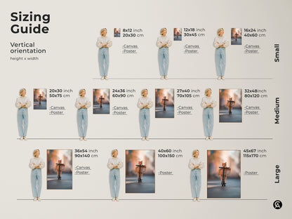 A sizing guide for the cat artwork. Available in small medium and large sizes. Choose the perfect size for your space. Available as canvas or poster.