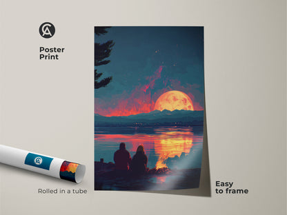 Poster print of a romantic couple by a campfire at sunset. This illustrative nature print is easy to frame adding charm to your decor. The teal and crimson colors evoke a cozy mood. This digital art landscape arrives rolled in a tube. This sunset view canvas is perfect for gifting to a married couple.