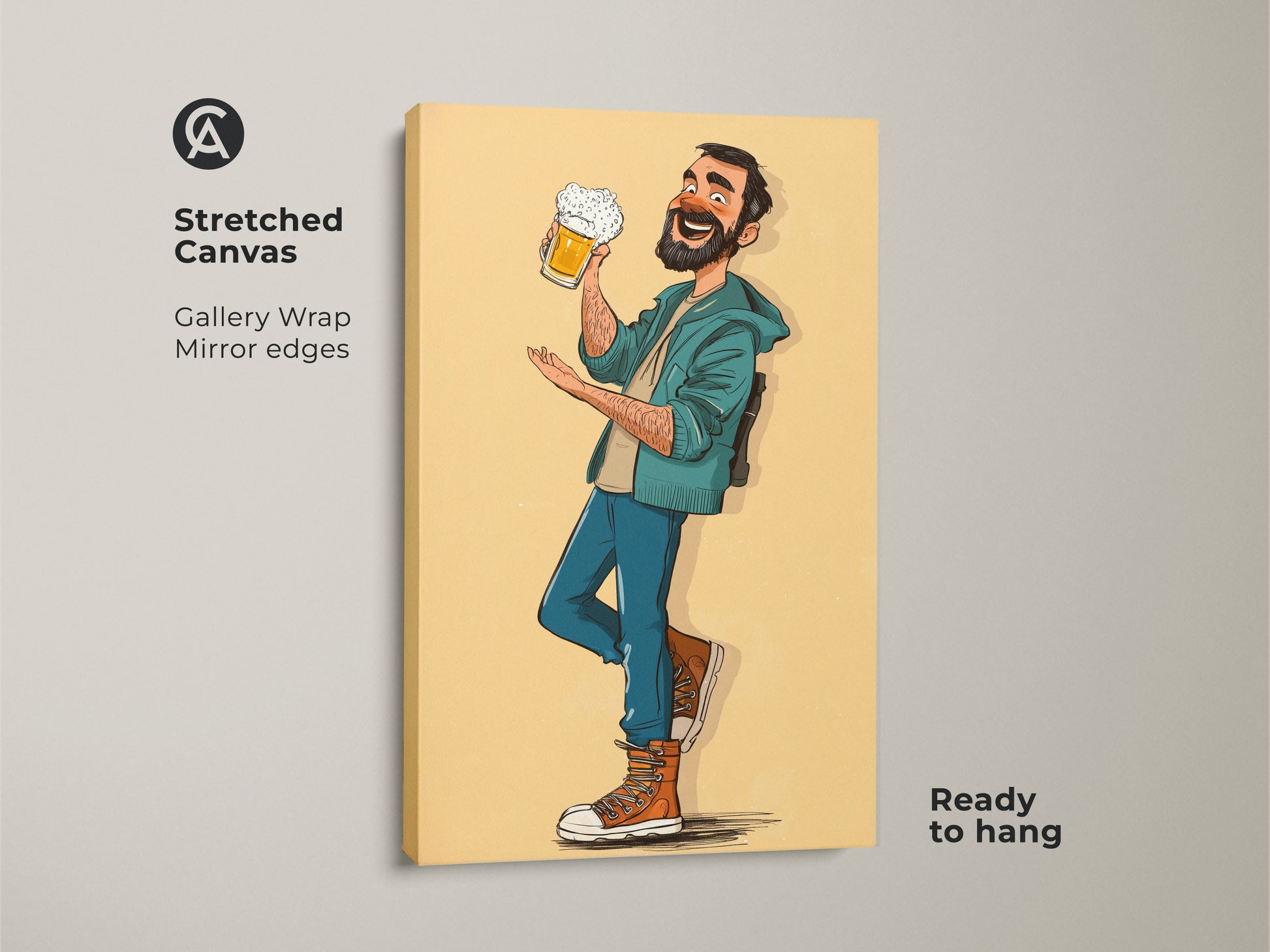 Stretched canvas art of a cartoon man enjoying a beer. Gallery wrapped with mirror edges this artwork is ready to hang. Eclectic wall decor for a bar or man cave. The print is a unique Father's Day gift for dad beer enthusiast. The yellow orange teal artwork adds humor to any space.