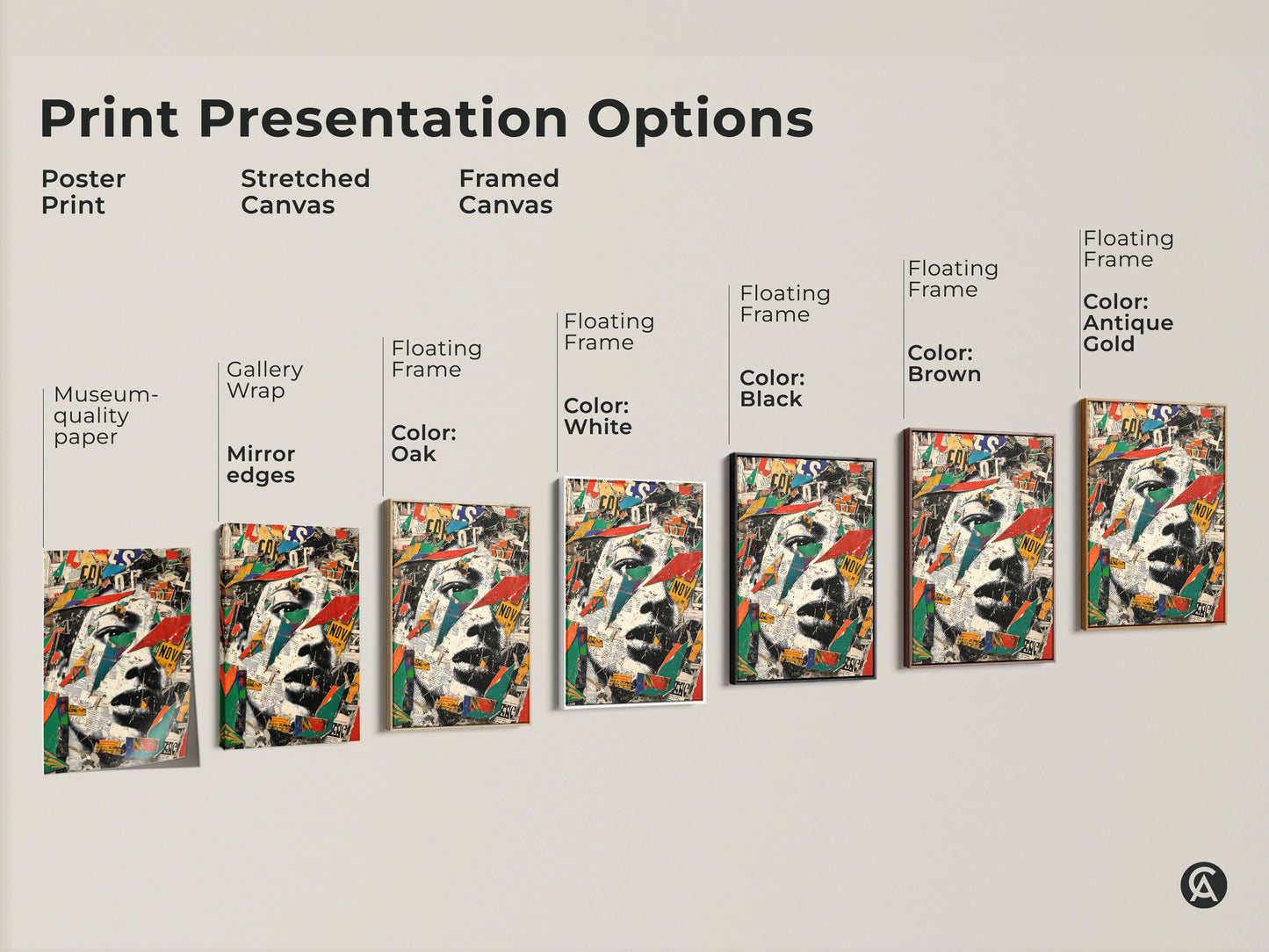 Print presentation options for mixed media collage art including poster stretched and framed canvas. Various floating frame colors available such as white black brown and antique gold. Find the perfect fit for your space.
