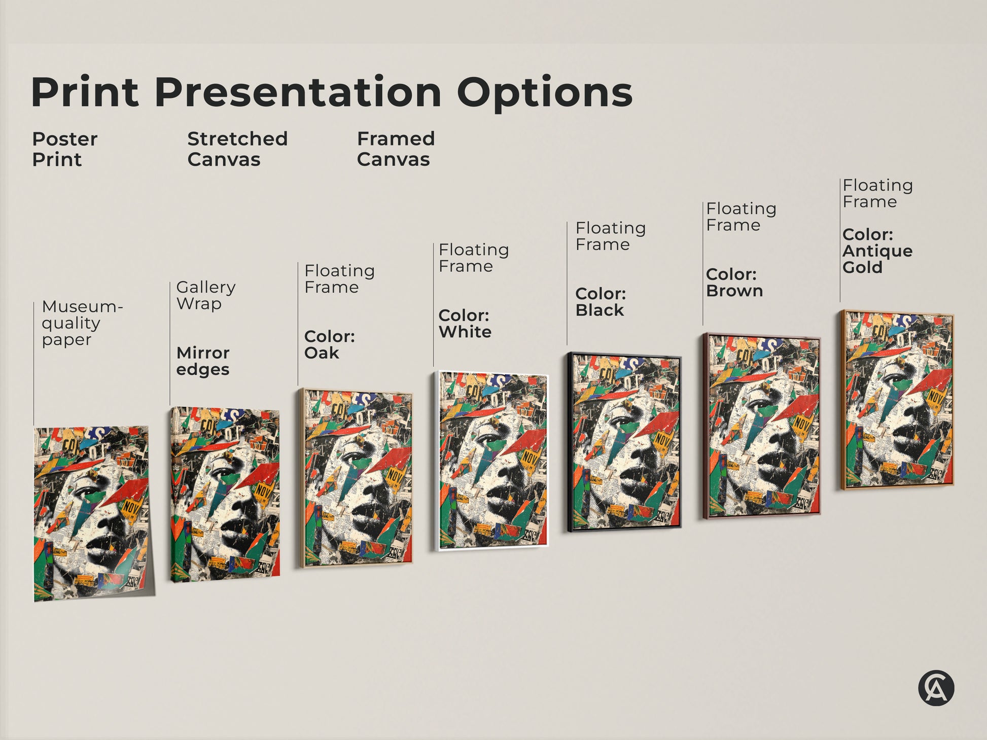 Print presentation options for mixed media collage art including poster stretched and framed canvas. Various floating frame colors available such as white black brown and antique gold. Find the perfect fit for your space.