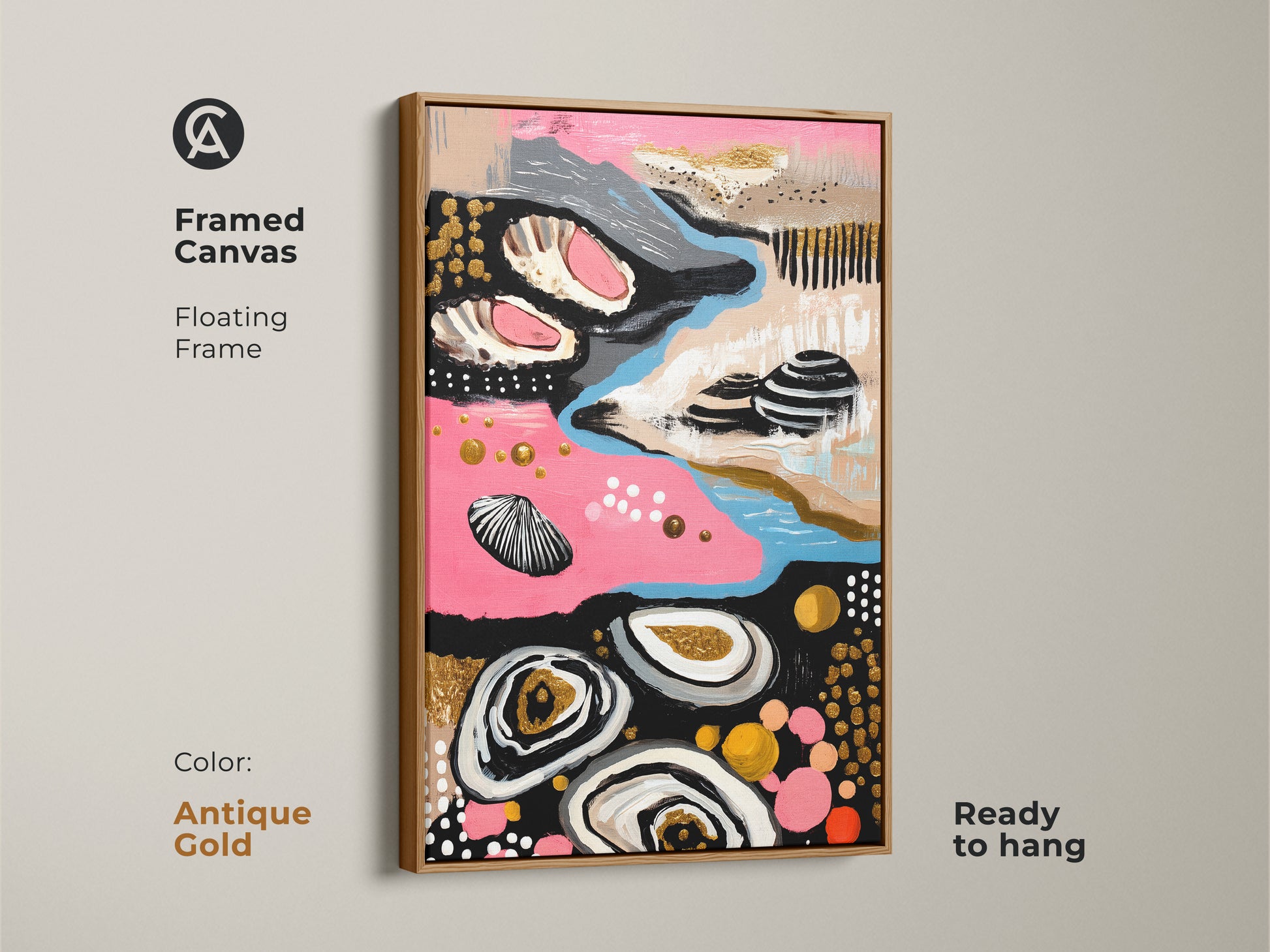 Antique gold framed Abstract Coastal Canvas Wall Art. The pink blue and gold art blends coastal elements with a boho aesthetic. Art gift for beach lovers or a unique housewarming occasion.
