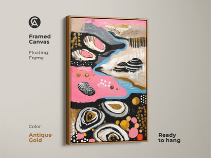 Antique gold framed Abstract Coastal Canvas Wall Art. The pink blue and gold art blends coastal elements with a boho aesthetic. Art gift for beach lovers or a unique housewarming occasion.
