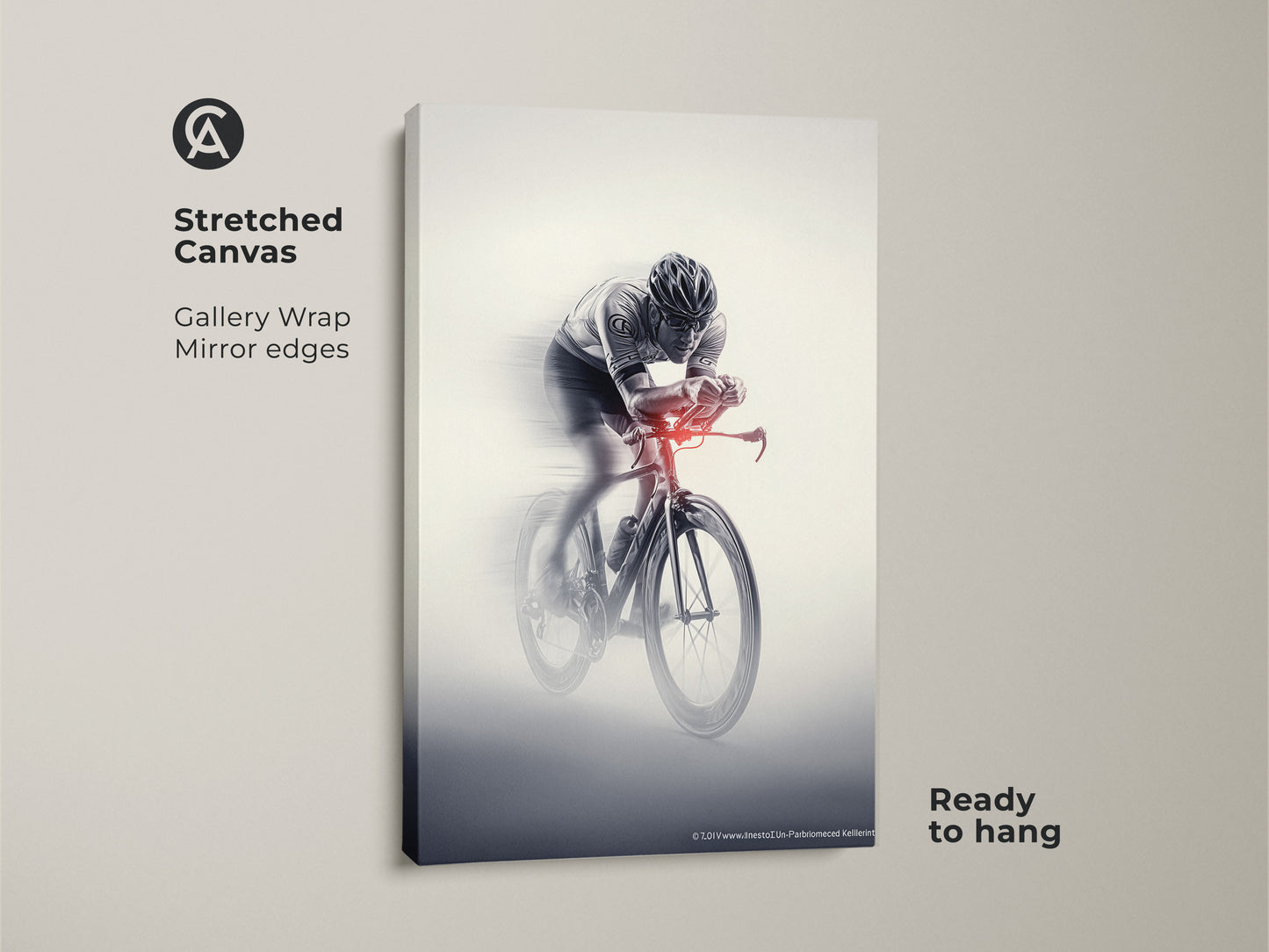 Stretched canvas print of a cyclist in motion. This gallery-wrapped monochrome art has mirrored edges. The racing bicycle canvas comes ready to hang. Featuring sports speed wall art. This dynamic cyclist decor is an inspiring piece.
