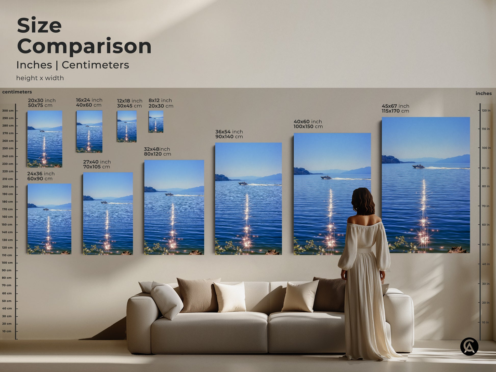 Size comparison of boat art prints. See how each size fits with furniture. Options range from 8x12 inches to 45x67 inches. Sparkling ocean artwork is displayed in various sizes. Transform your living room with this boat art. A realistic lake landscape for any space.