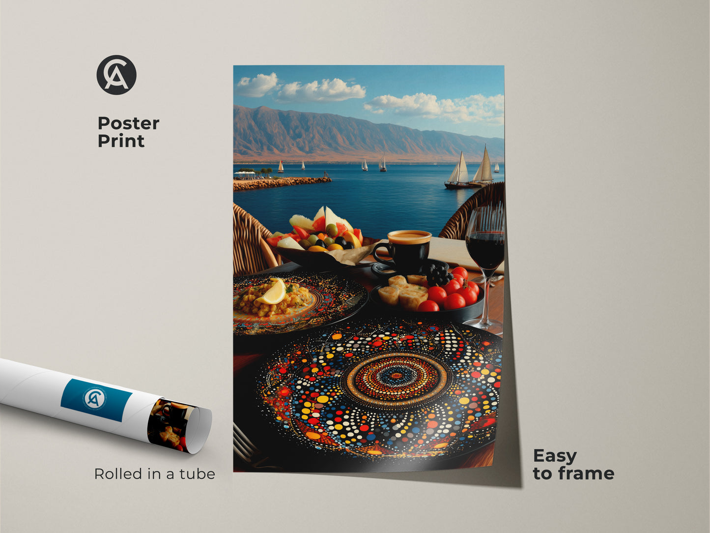 Poster print displays a Mediterranean seascape with sailboats and fruit art. The mandala plate adds a unique touch. Perfect wall art for cafes or kitchens. This folk art print is easy to frame and brings a colorful vibe. Rolled in a tube for safe shipping.