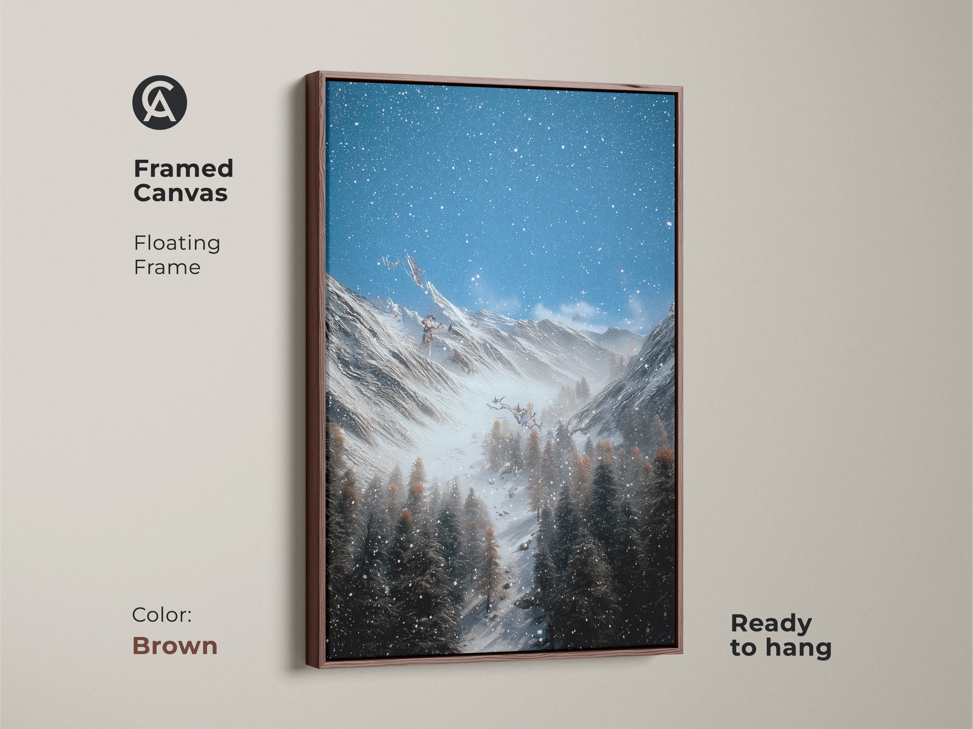 Framed in brown this winter mountain canvas print showcases snow covered pines. The floating frame adds elegance to the rustic landscape artwork. The blue gray and white tones create a calming nature scene. Ready to hang this mountain forest artwork is perfect as cabin wall hanging or a gift for outdoor enthusiasts.