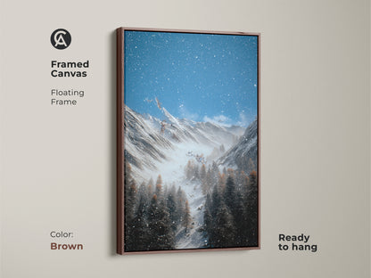 Framed in brown this winter mountain canvas print showcases snow covered pines. The floating frame adds elegance to the rustic landscape artwork. The blue gray and white tones create a calming nature scene. Ready to hang this mountain forest artwork is perfect as cabin wall hanging or a gift for outdoor enthusiasts.
