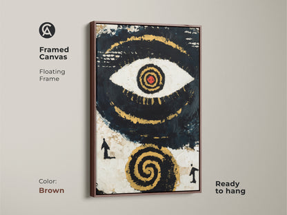 Framed Canvas with Floating Brown Frame displaying Abstract Eye Wall Art. The canvas adds spiritual symbolism to any room's decor. This unique navy black gold artwork is ready to hang. This piece enhances an entryway or meditation space.