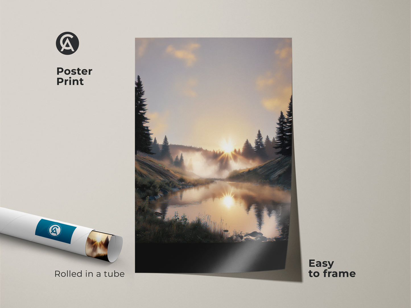 Poster print of a forest sunrise over a misty river. This rustic landscape print is easy to frame. The warm tones nature decor creates a calming effect. A great housewarming nature gift.