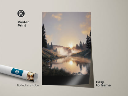 Poster print of a forest sunrise over a misty river. This rustic landscape print is easy to frame. The warm tones nature decor creates a calming effect. A great housewarming nature gift.