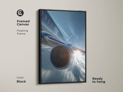 Framed canvas featuring a futuristic jet engine against a deep blue sky. The aviation artwork is ready to hang with a floating black frame. This modern airplane wall art is ideal for office wall decor. The sleek silver aircraft decor adds a contemporary touch to any space.