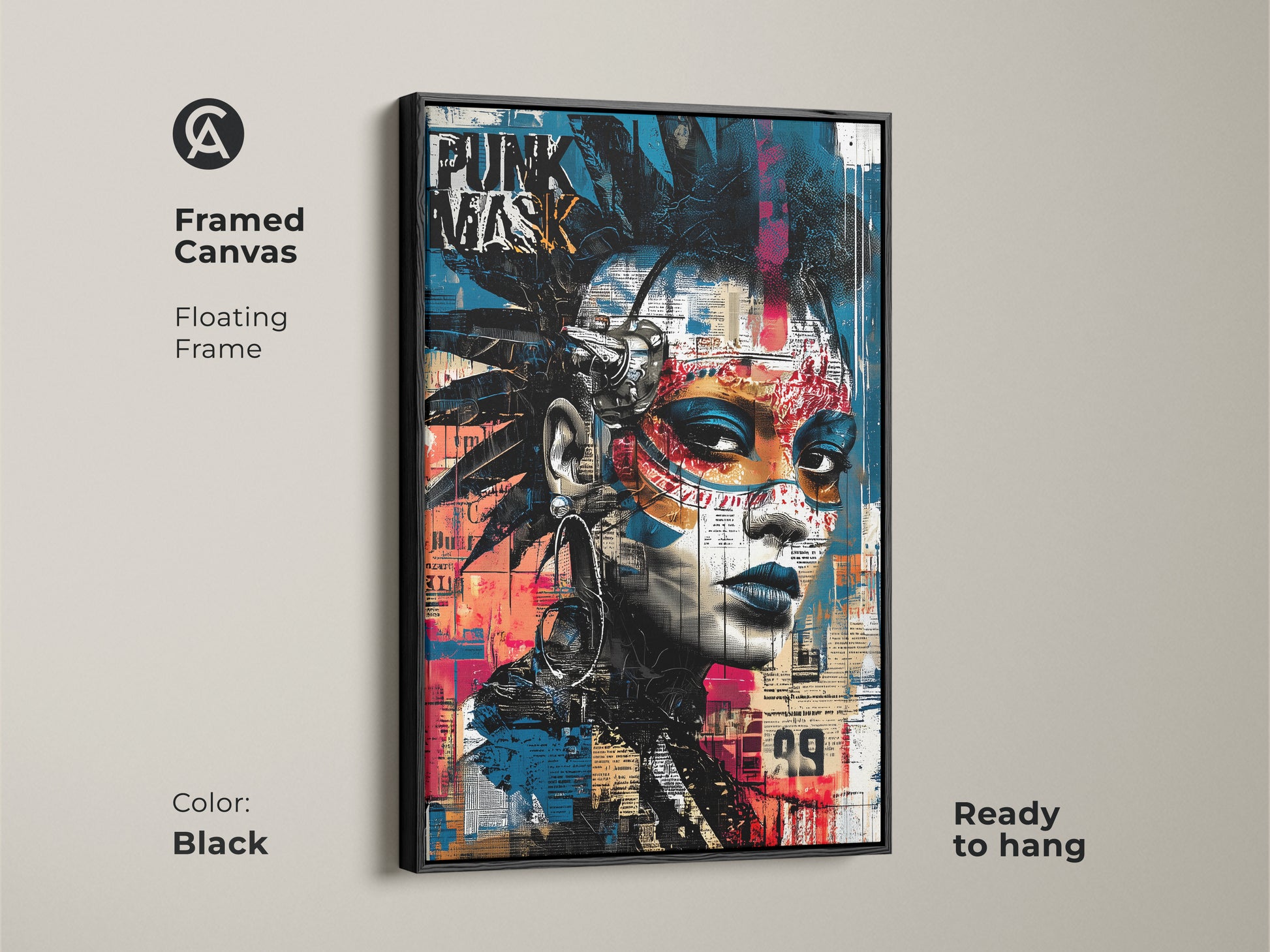 Framed canvas featuring a punk mask graffiti portrait with a black floating frame. The urban street art canvas showcases an abstract face artwork in blue black and red. It is a ready to hang eclectic decor piece ideal for music lovers. This alternative art print brings a bold edgy vibe to any space.