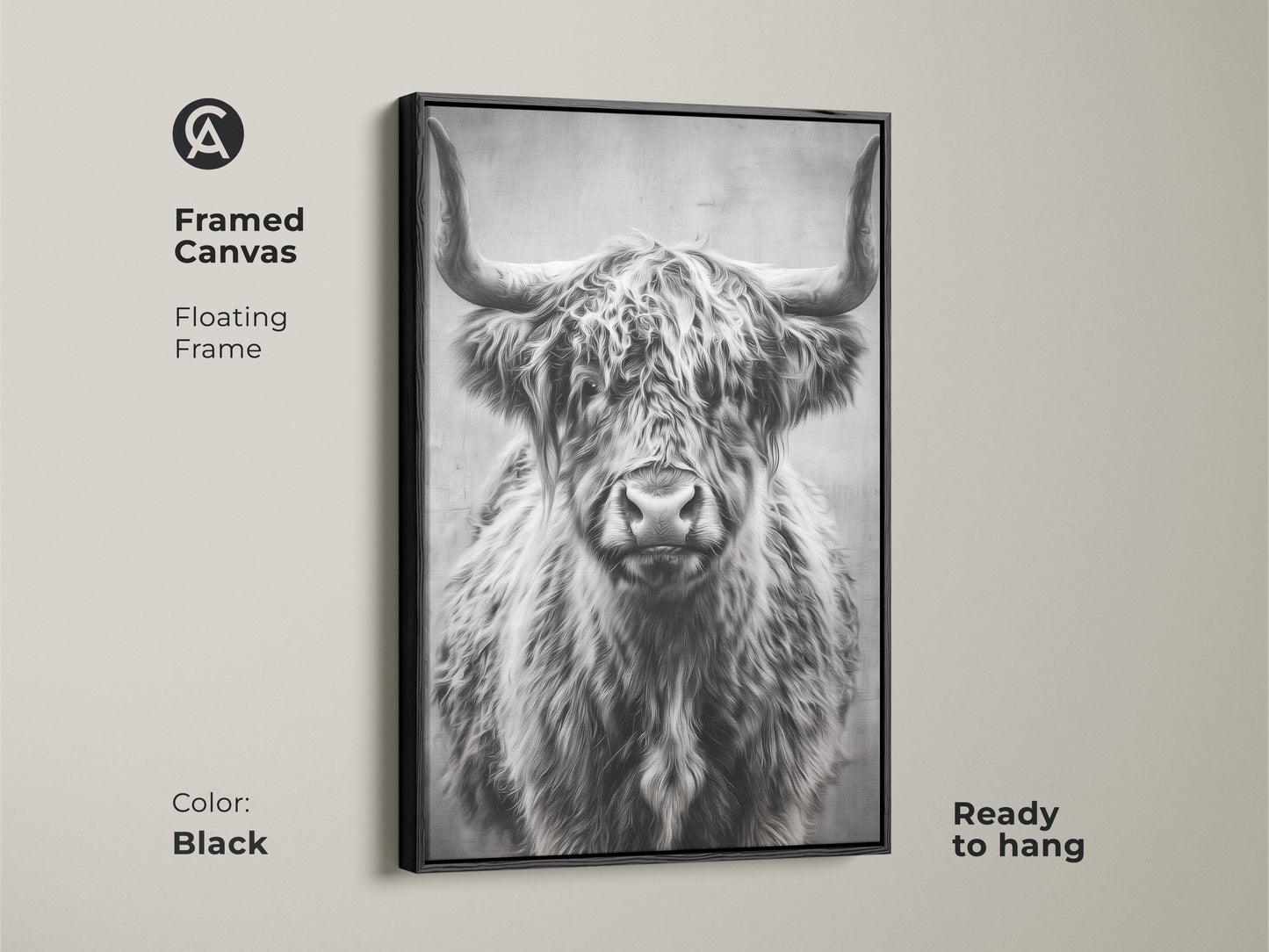 Black framed canvas featuring a floating frame with a photorealistic highland cow. The monochrome farmhouse wall art is ready to hang enhancing your home with rustic animal art. Perfect barnyard animal decor.