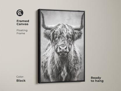 Black framed canvas featuring a floating frame with a photorealistic highland cow. The monochrome farmhouse wall art is ready to hang enhancing your home with rustic animal art. Perfect barnyard animal decor.