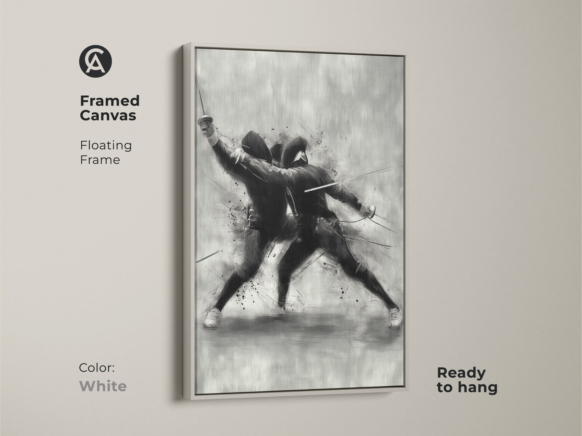 Framed canvas of a dynamic fencing duel with a white floating frame. This modern sketch wall art is ready to hang. The black and white sports decor is a unique gift art for athletes and fencers.