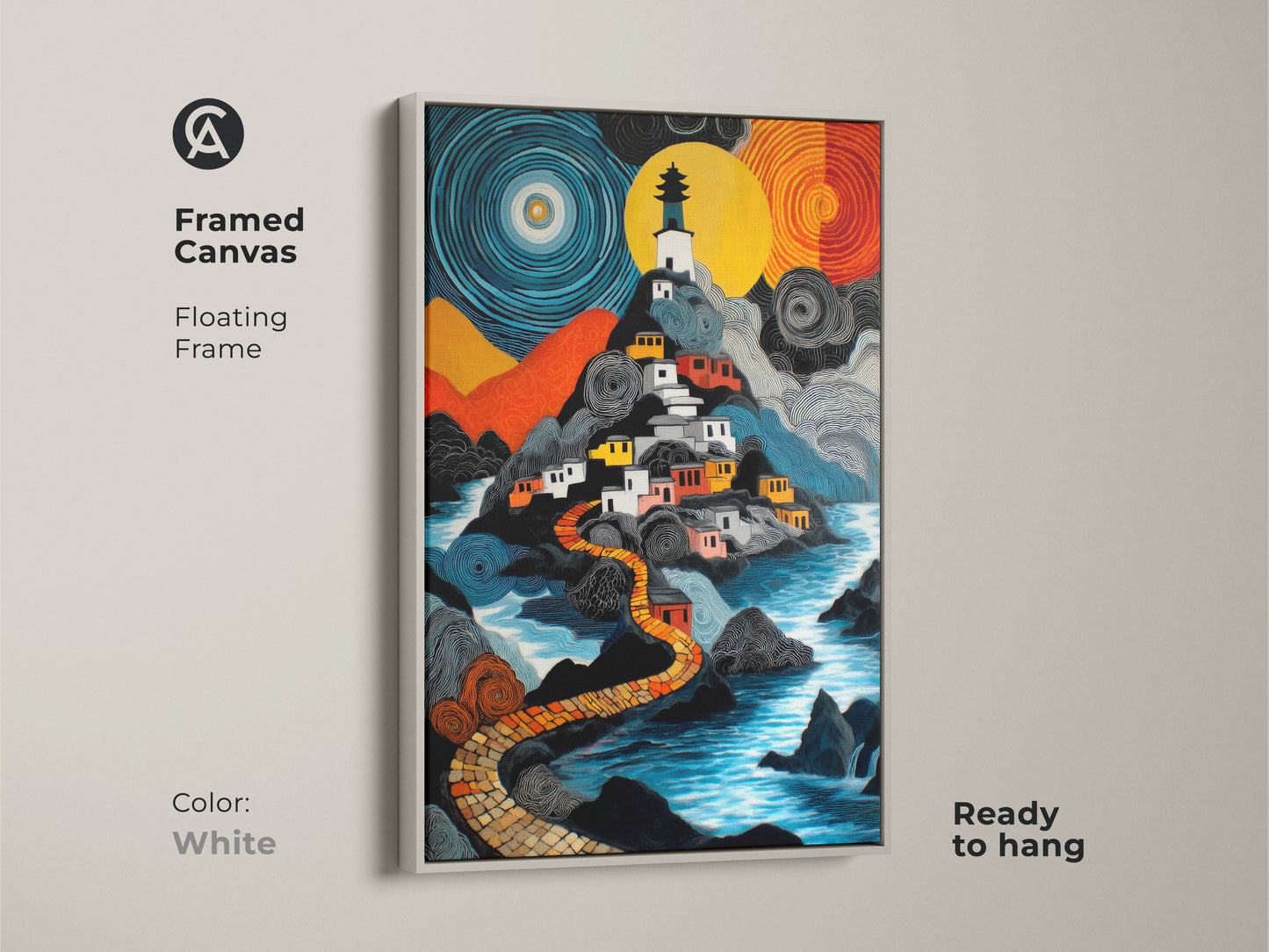 A white framed canvas presents a naive art lighthouse village print. The fantasy landscape is in blue yellow and orange colors. It's an eclectic travel decor art piece that is ready to hang. It enhances any space with a colorful naive painting.