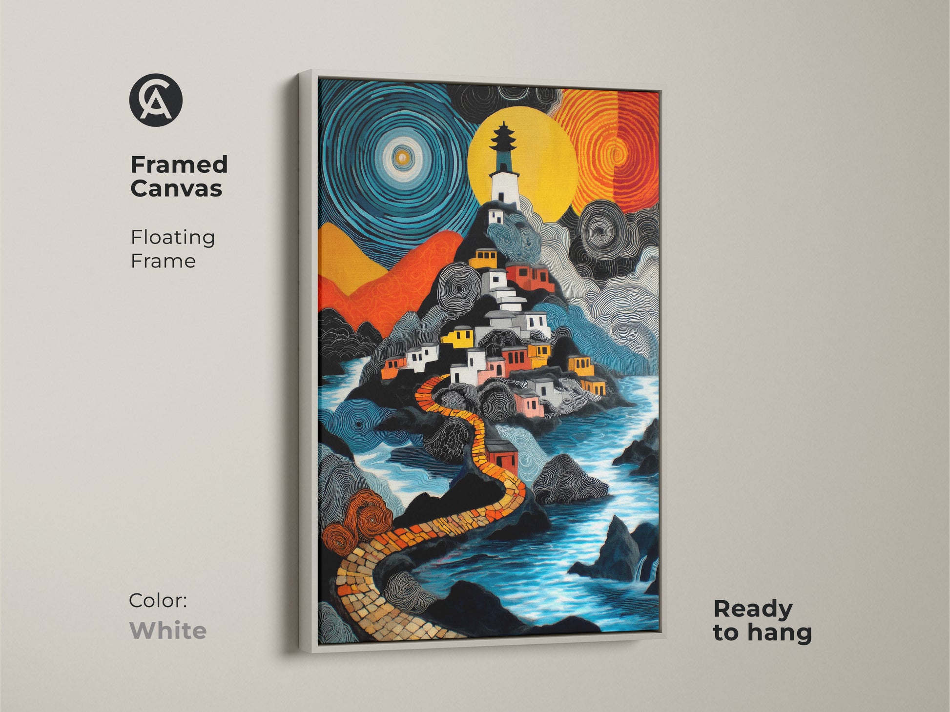 A white framed canvas presents a naive art lighthouse village print. The fantasy landscape is in blue yellow and orange colors. It's an eclectic travel decor art piece that is ready to hang. It enhances any space with a colorful naive painting.