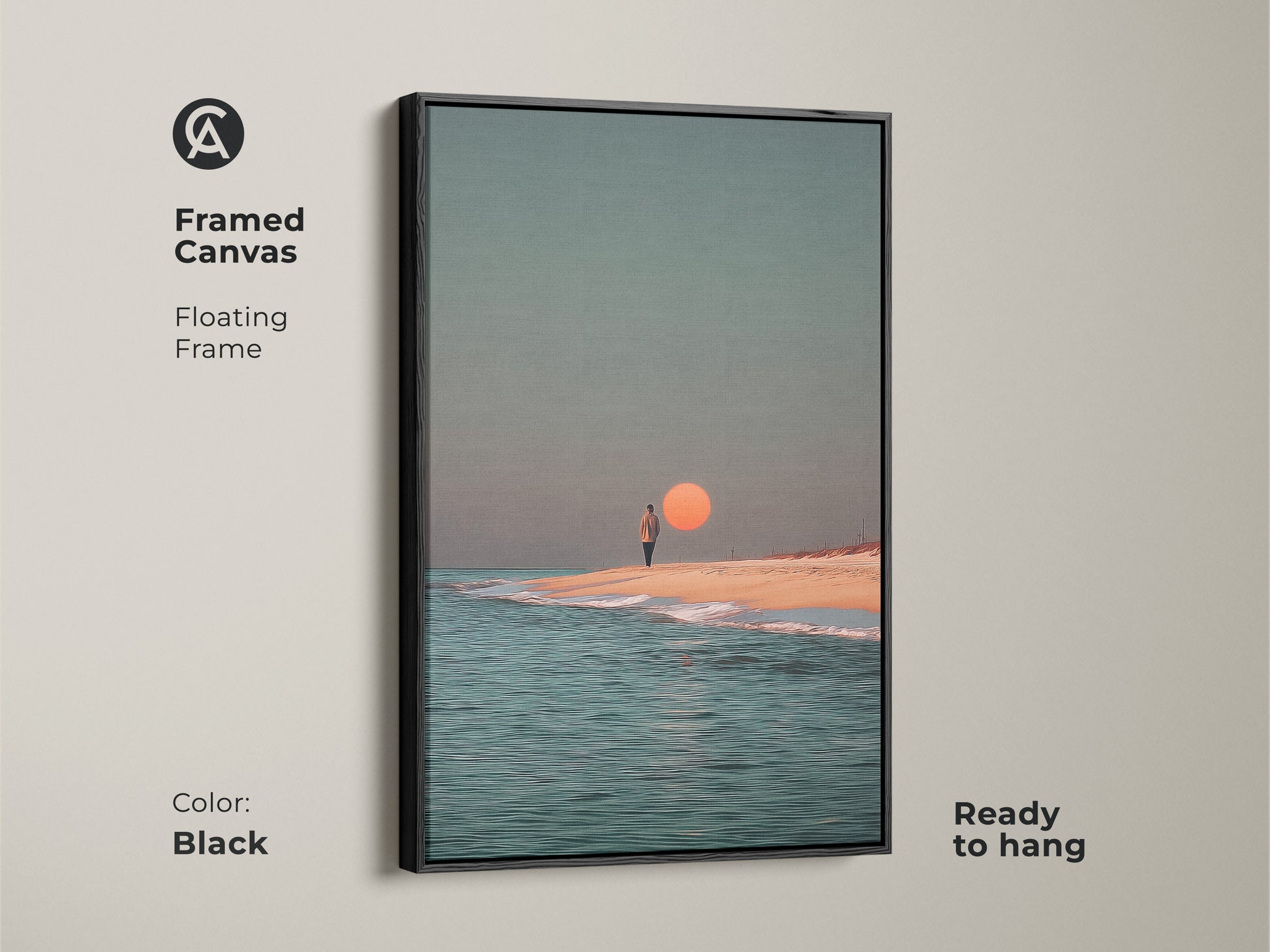 The framed canvas art features a minimalist sunset ocean print. The contemporary coastal wall decor shows a person in a tranquil setting. The black floating frame enhances the surreal beach artwork. It's ready to hang and brings a modern art feel to any room.