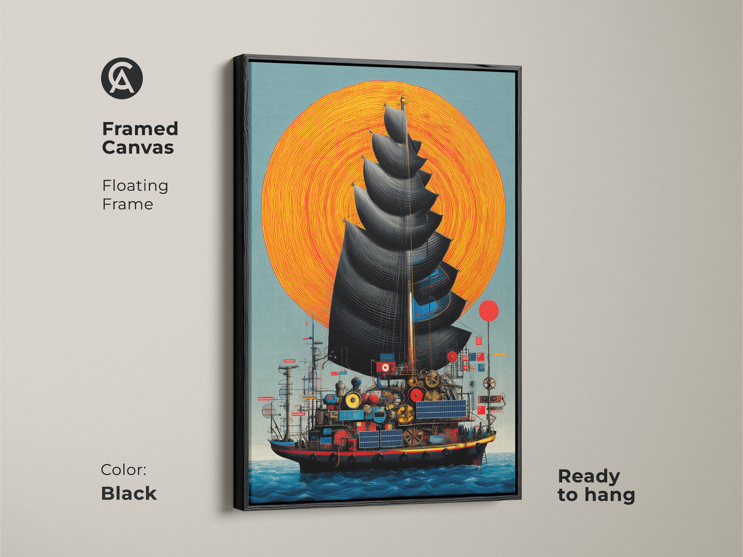 This framed canvas features a steampunk junk ship navigating under a vibrant orange sun. A floating frame in black showcases this fantasy nautical artwork. Ready to hang it will enhance your office decor.