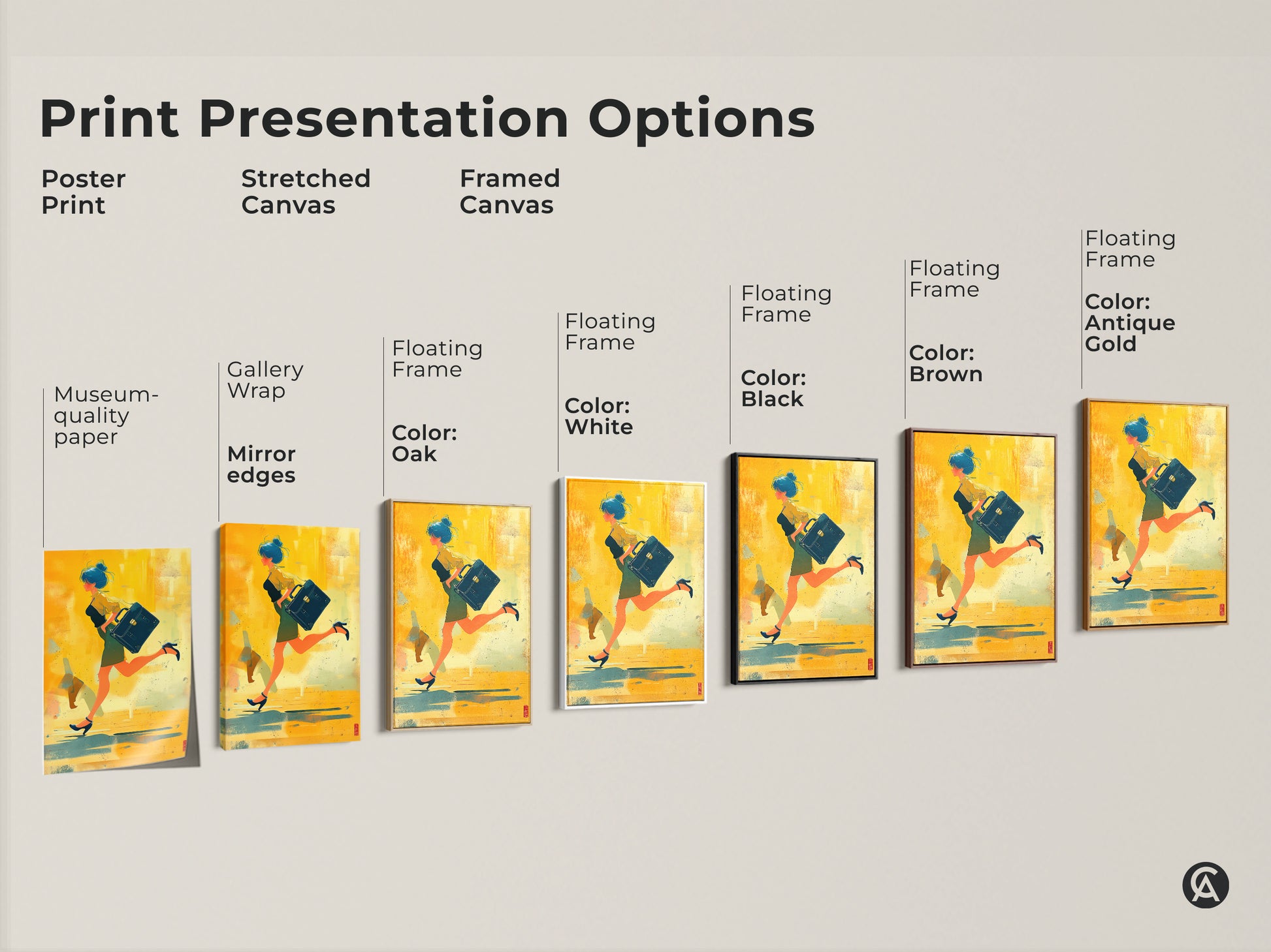 Print presentation options of a woman with a briefcase. This abstract yellow orange and teal modern artwork is available as a poster print stretched canvas or framed canvas.