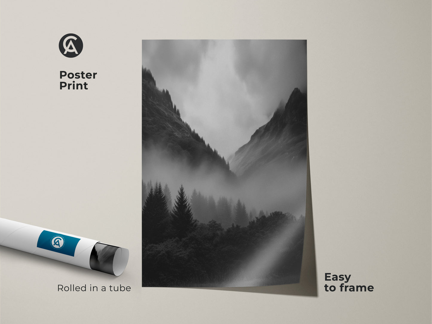 A poster print of a monochrome foggy forest. Black and white landscape artwork displays misty pine trees. The modern nature wall decor offers an atmospheric mountain view. This scenic forest canvas is easy to frame.