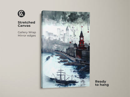Stretched canvas print of a Chinese ink wash cityscape. This gallery-wrapped artwork features a clock tower and tall ships. Ready to hang this maritime architecture art brings eclectic style. It's perfect for adding historical art to any room.
