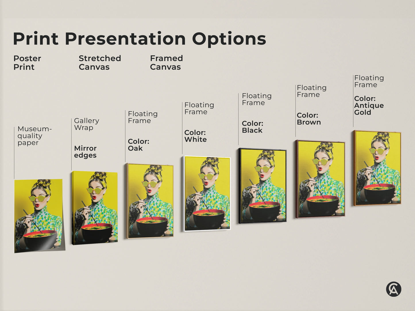 Print presentation options for the pop art woman with noodles. Choose from poster prints stretched canvases and framed canvases in various colors. Find the perfect style to match your eclectic home decor. Museum-quality paper and mirror edges.