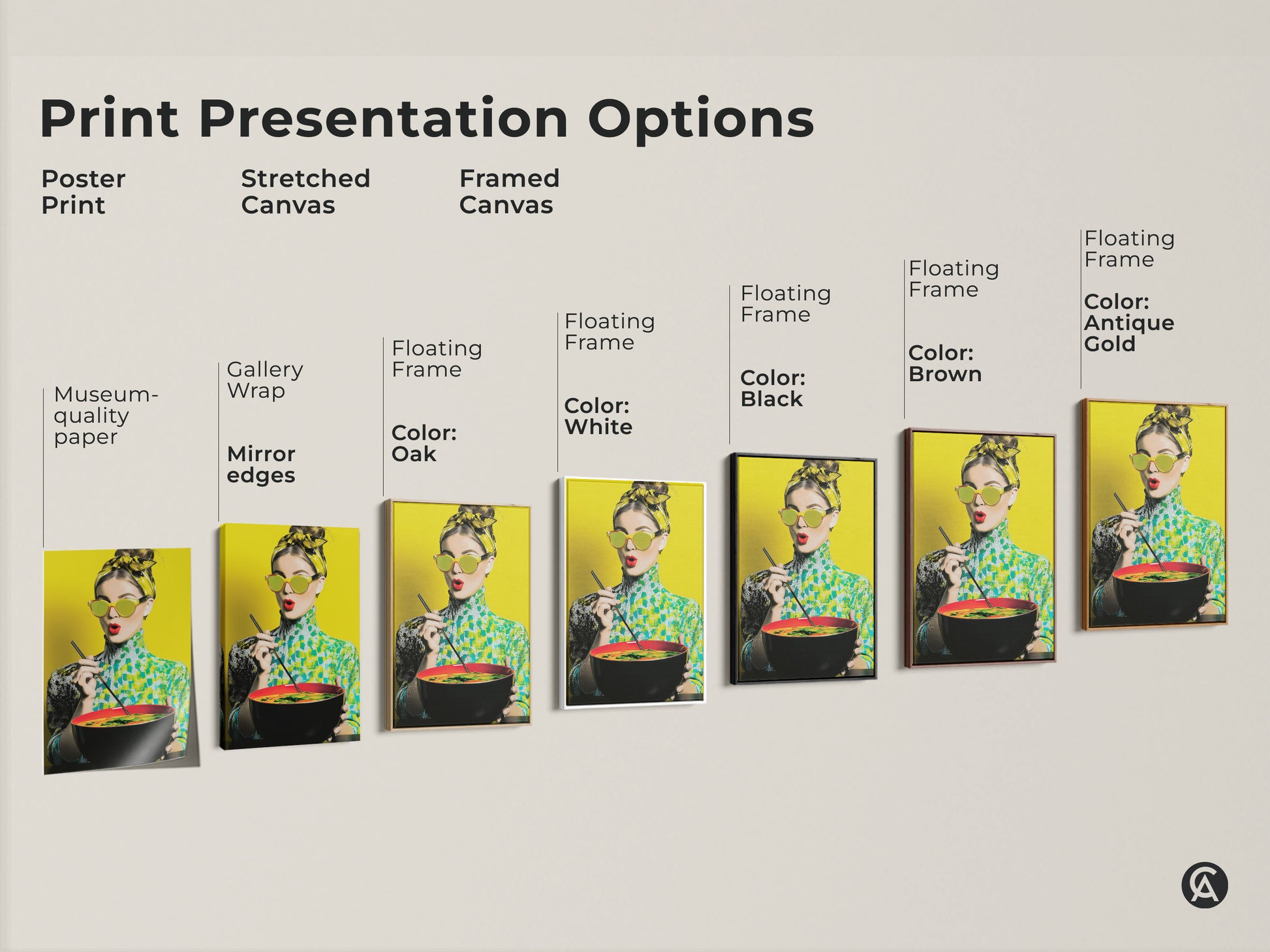 Print presentation options for the pop art woman with noodles. Choose from poster prints stretched canvases and framed canvases in various colors. Find the perfect style to match your eclectic home decor. Museum-quality paper and mirror edges.