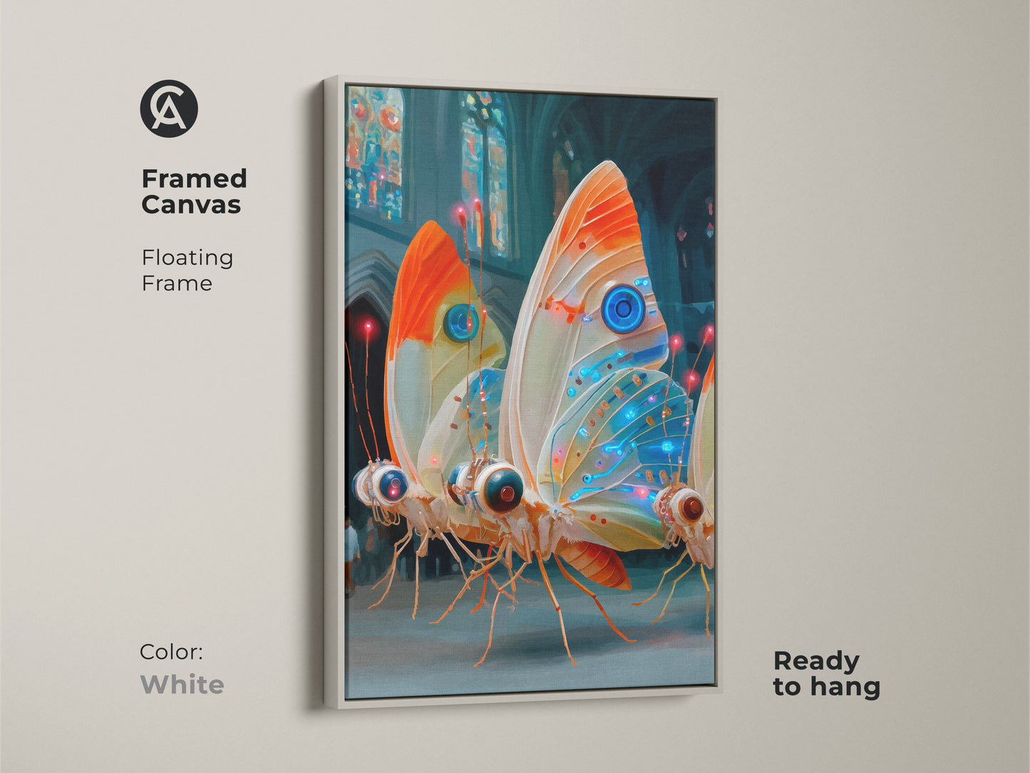This framed canvas of cyberpunk butterflies is ready to hang. The floating frame is a white color. The electric blue orange teal art makes unique modern decor. The surrealism canvas print is a special gift. This eclectic art is a perfect choice for your home.