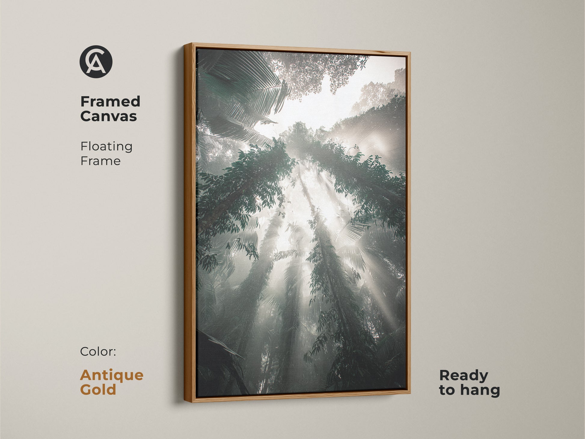 This framed canvas in antique gold showcases a misty forest bathed in sunbeams. The teal gray green nature landscape art brings a biophilic vibe to your home. Ready to hang this artwork is perfect for a modern aesthetic.