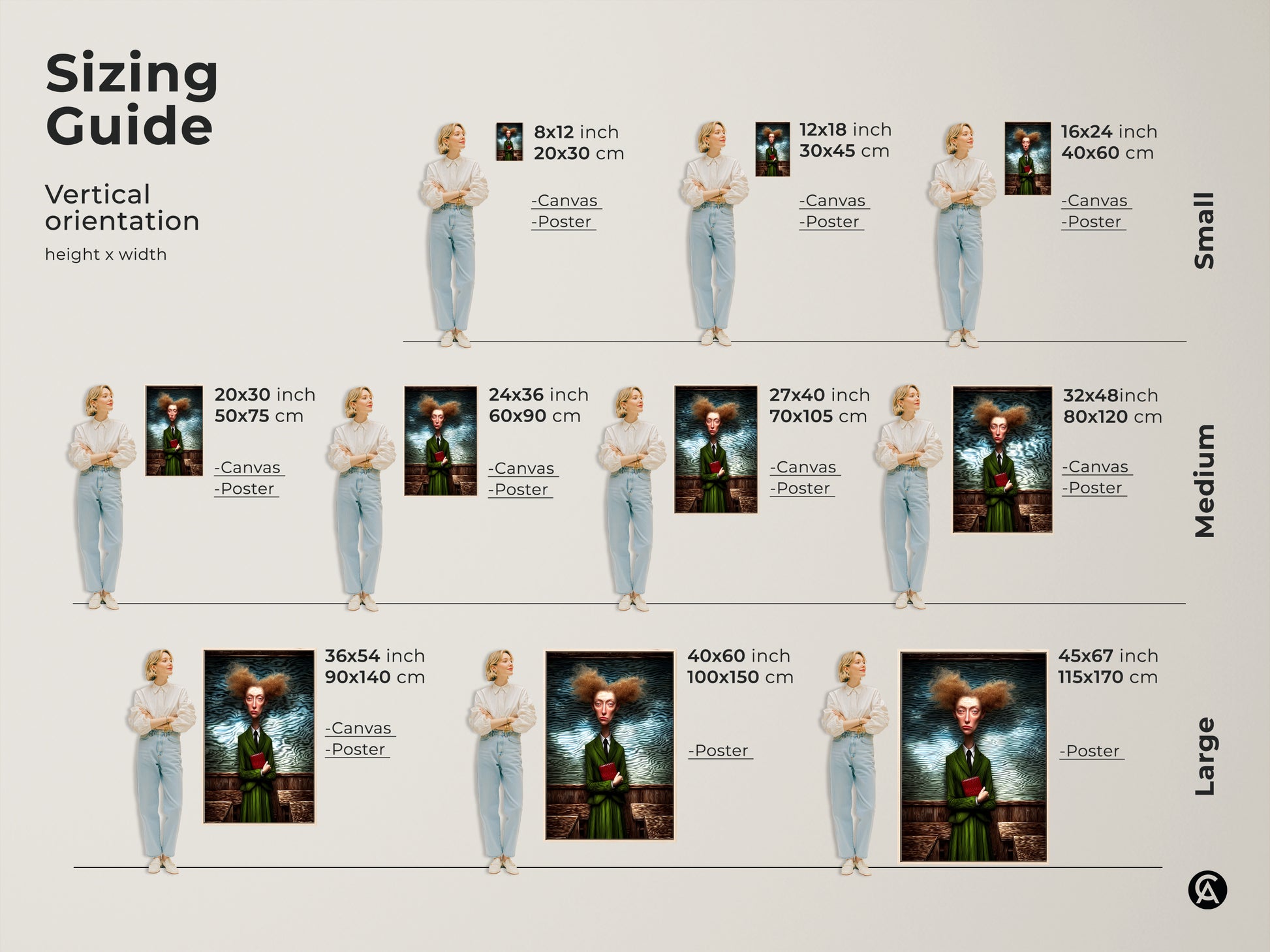 This sizing guide shows various vertical orientations for the art print. The artwork features a surreal woman in a green suit holding a red book. Sizes range from small to large. Canvas and poster options are available. Find the perfect size to enhance your space.