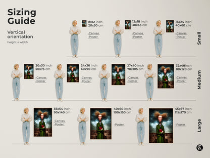 This sizing guide shows various vertical orientations for the art print. The artwork features a surreal woman in a green suit holding a red book. Sizes range from small to large. Canvas and poster options are available. Find the perfect size to enhance your space.