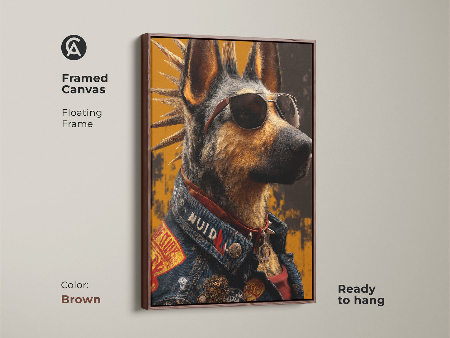 Antique gold framed canvas of a German Shepherd art piece. The punk rock dog sports sunglasses and a denim jacket. This unique artwork brings an eclectic vibe. It is ready to hang and enjoy.
