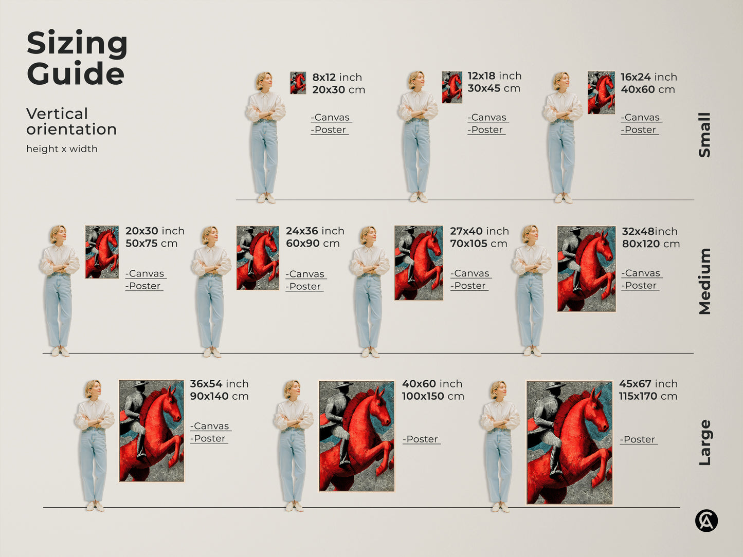 Sizing guide showcasing the red horse linocut art print. Available in various sizes for canvas and poster. Find the perfect fit for your eclectic home decor or as a gift.