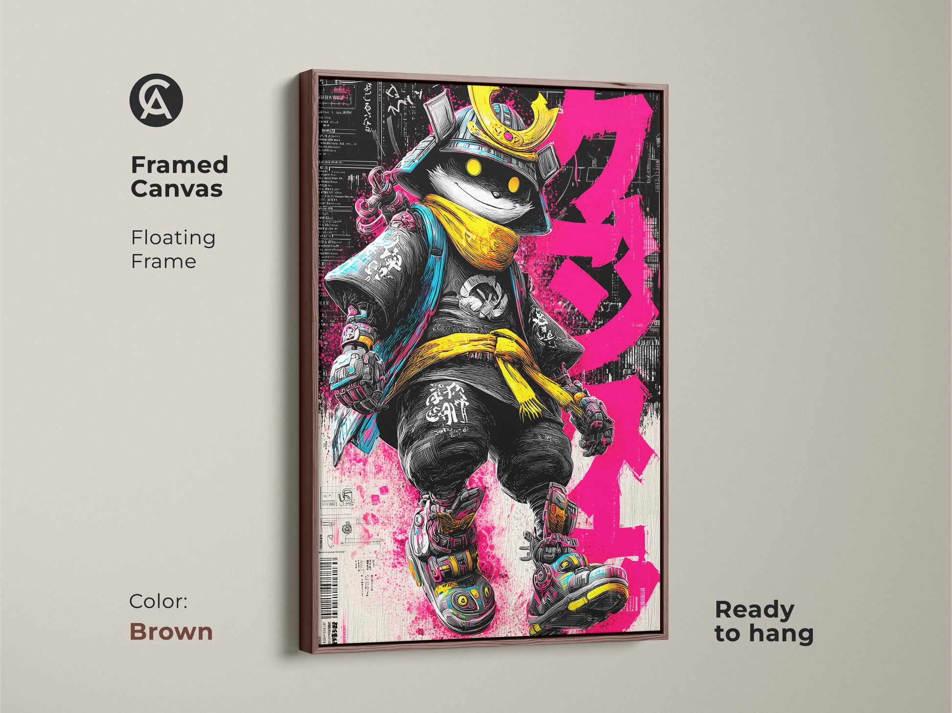 Framed canvas of Samurai Cat artwork with a brown floating frame. The artwork features a cat dressed as a samurai warrior. The cat wears a golden helmet and yellow scarf. The art is ready to hang. The brown frame offers a classic look.