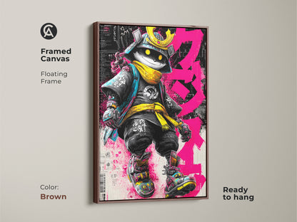 Framed canvas of Samurai Cat artwork with a brown floating frame. The artwork features a cat dressed as a samurai warrior. The cat wears a golden helmet and yellow scarf. The art is ready to hang. The brown frame offers a classic look.