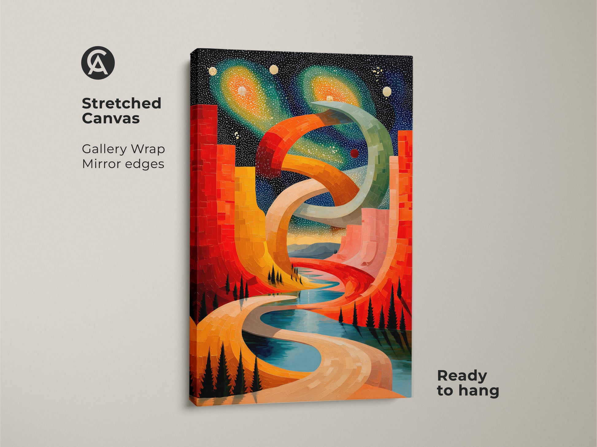 Stretched canvas gallery wrap featuring abstract cosmic cityscape. The surreal geometric wall art is a red orange and blue canvas. A contemporary space landscape enhancing modern bedroom wall decor. Ready to hang housewarming gift art.