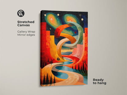 Stretched canvas gallery wrap featuring abstract cosmic cityscape. The surreal geometric wall art is a red orange and blue canvas. A contemporary space landscape enhancing modern bedroom wall decor. Ready to hang housewarming gift art.