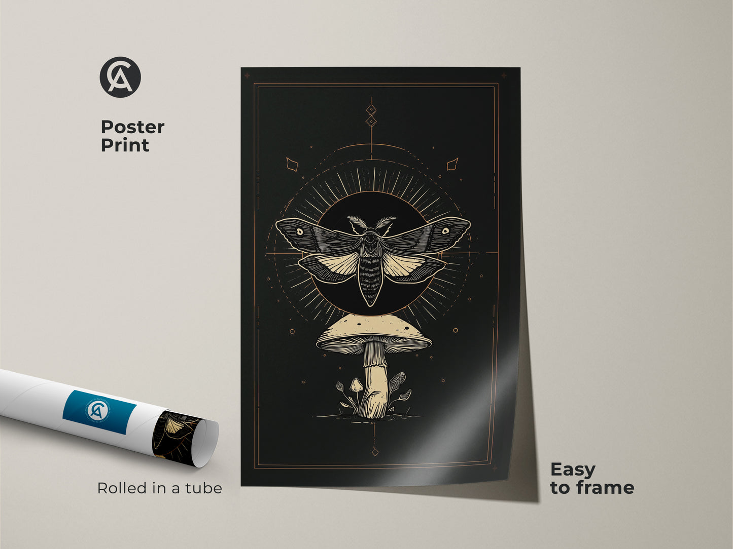 Poster print of a botanical moth print rolled in a tube. This cream and gold art features a moth and mushroom design. Easy to frame this dark nature art print is a unique wall hanging. Ideal gift for an occult lover.