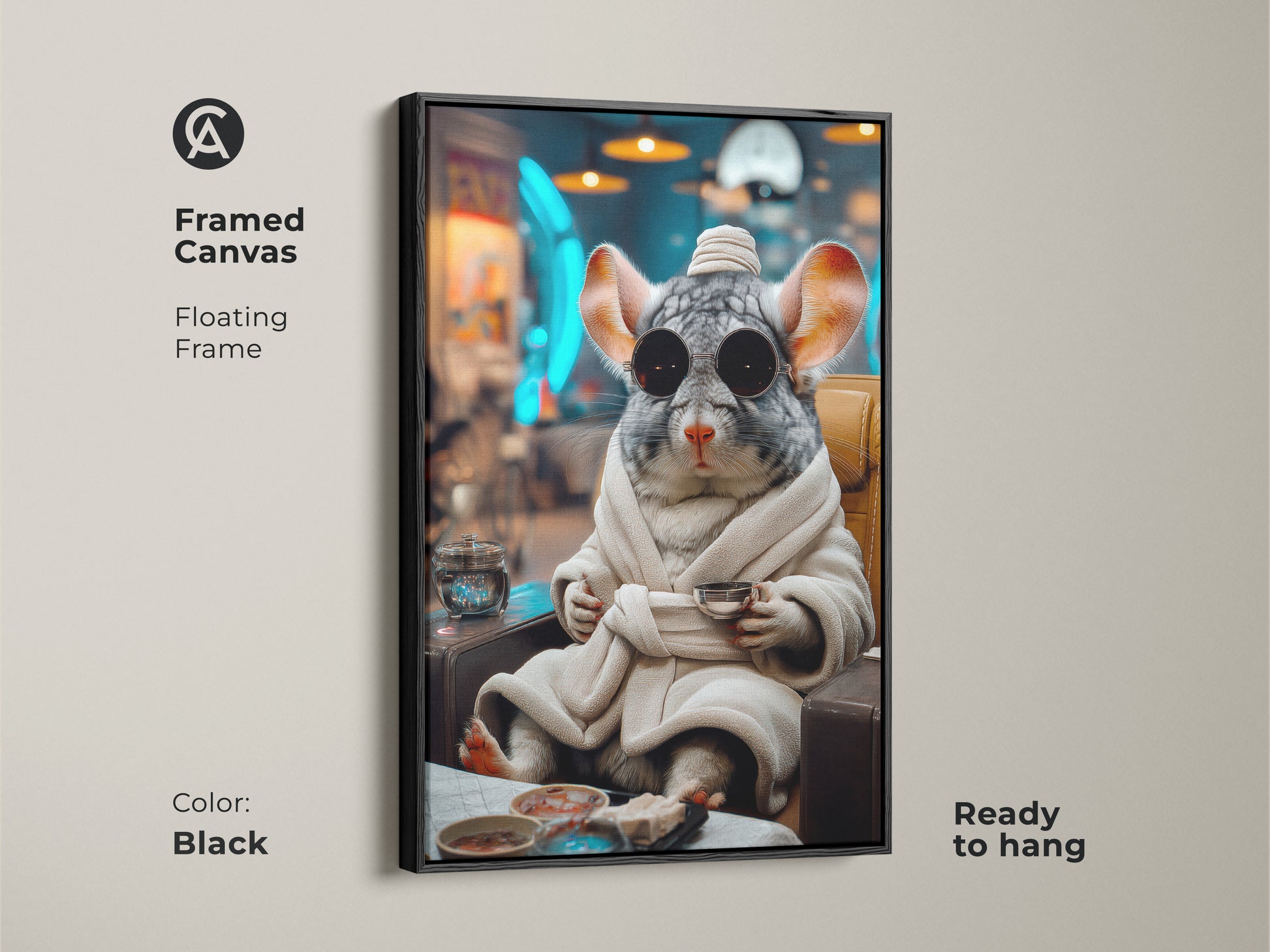 Black framed canvas print shows a surreal chinchilla in a robe with a cup. The funny animal wall art adds eclectic style. The gray brown teal art brings humor to a bedroom. It is ready to hang.