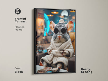 Black framed canvas print shows a surreal chinchilla in a robe with a cup. The funny animal wall art adds eclectic style. The gray brown teal art brings humor to a bedroom. It is ready to hang.