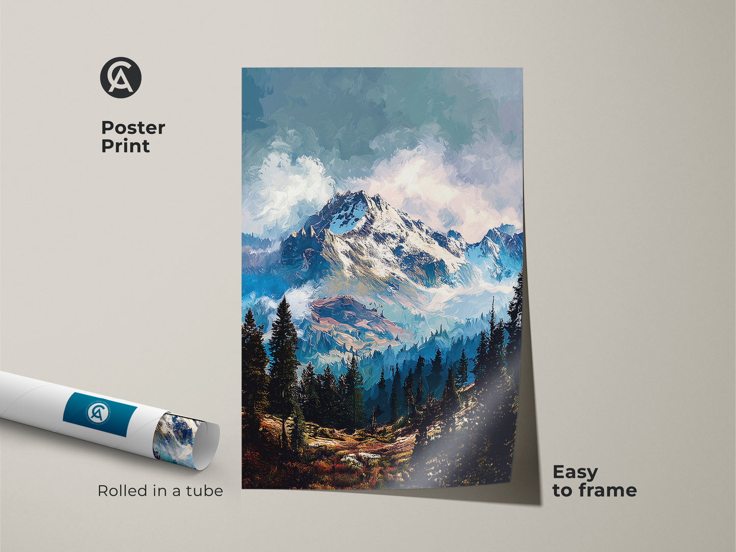 Poster print of a mountain art piece rolled in a tube. This museum-quality paper print showcases a stunning mountain view. It is easy to frame and perfect for any art lover. Purchase this mountain poster for your collection.