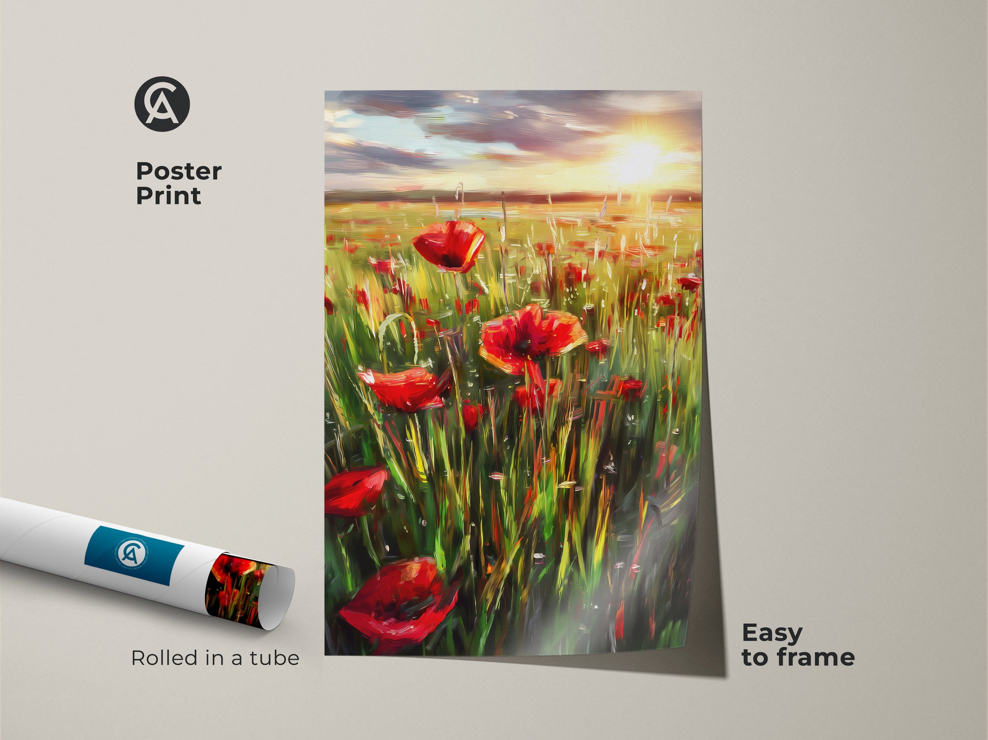 Easy to frame poster print of a red floral poppy field. The impressionist landscape canvas adds a touch of boho style. A perfect gift for garden lovers. This summer meadow painting brings nature indoors. Rolled safely in a tube for protection.