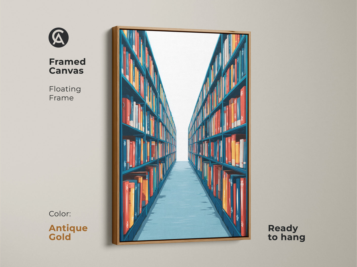 Framed Canvas featuring teal and red bookshelf artwork with a floating antique gold frame. This intellectual wall art is ready to hang. It is a striking addition to your contemporary office decor.