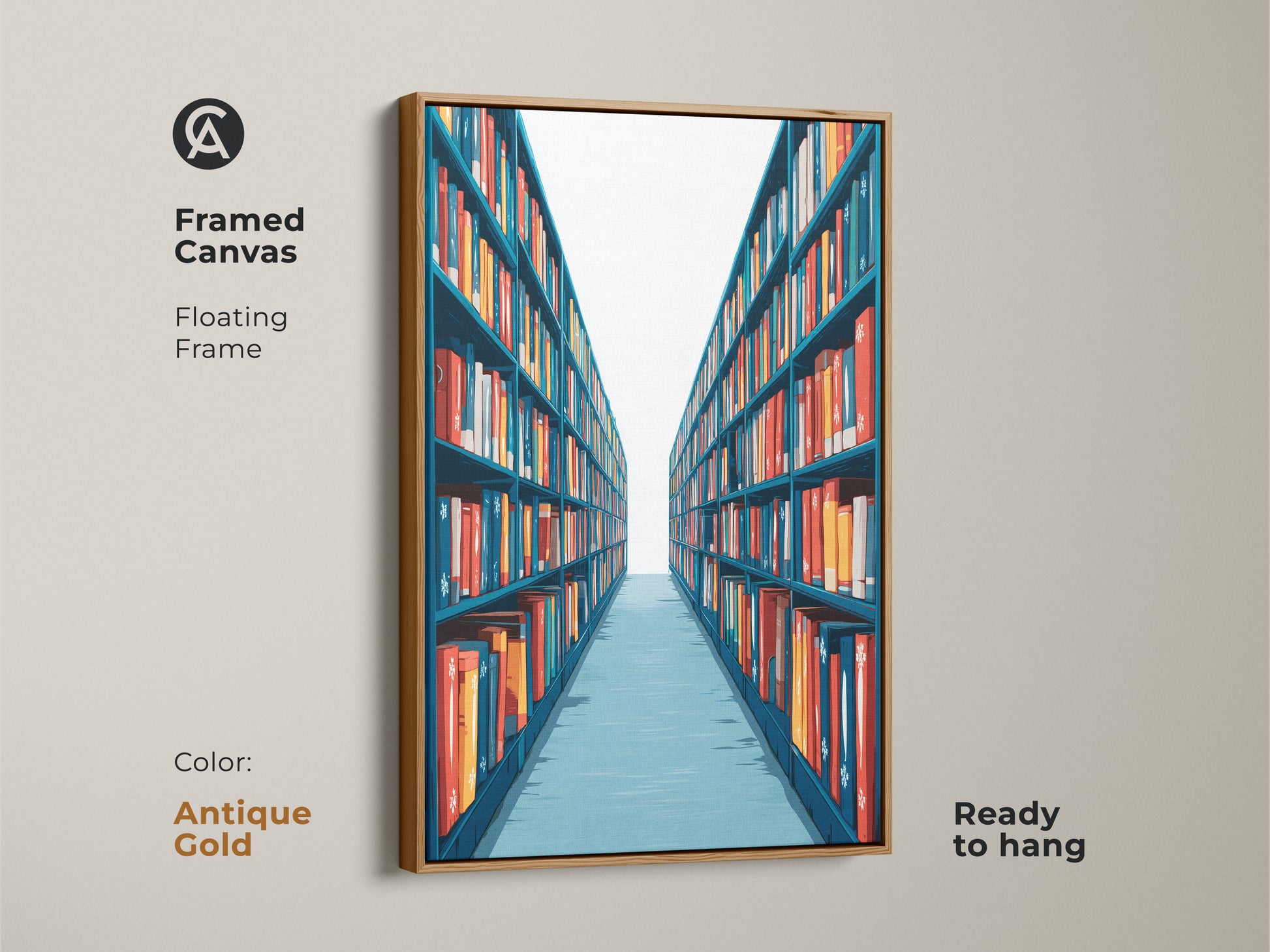 Framed Canvas featuring teal and red bookshelf artwork with a floating antique gold frame. This intellectual wall art is ready to hang. It is a striking addition to your contemporary office decor.